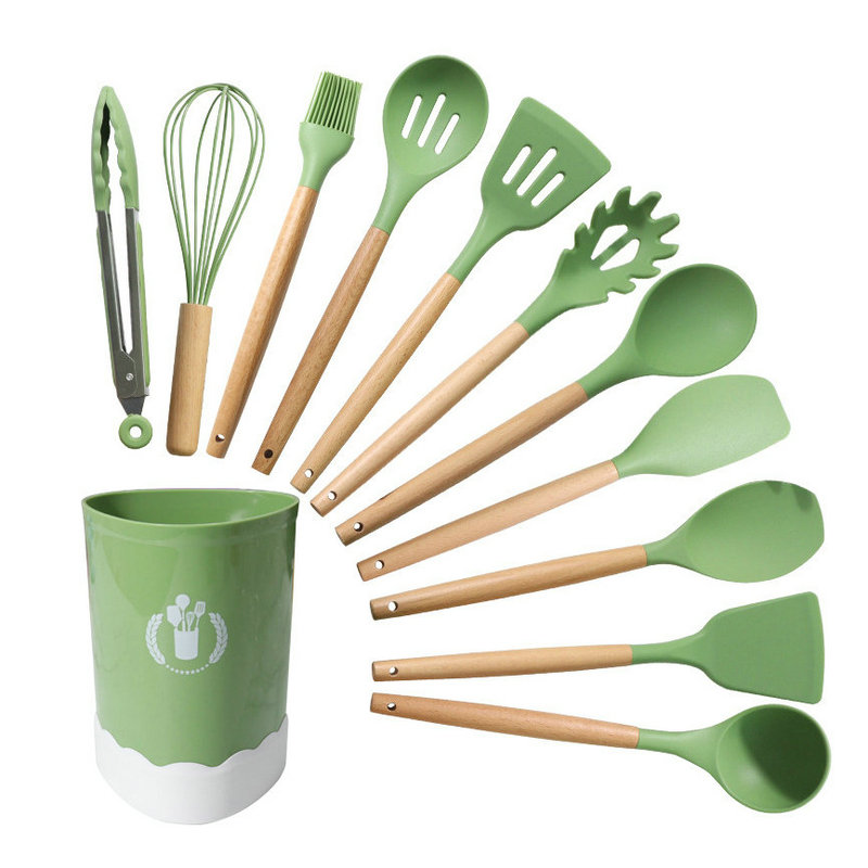 12-Piece Silicone Kitchen Utensil Set with Picket Handles - Full Cooking Instruments and Cookware