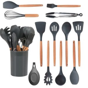 12-Piece Silicone Kitchen Utensil Set with Picket Handles – Full Cooking Instruments and Cookware