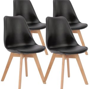 Set of 4 OLIXIS Mid-Century Trendy Eating Chairs with Wood Legs and PU Leather-based Cushions for Dwelling Room, Bed room, or Outside Lounge – Black