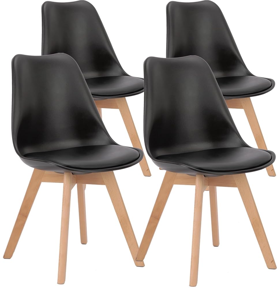 Set of 4 OLIXIS Mid-Century Trendy Eating Chairs with Wood Legs and PU Leather-based Cushions for Dwelling Room, Bed room, or Outside Lounge – Black